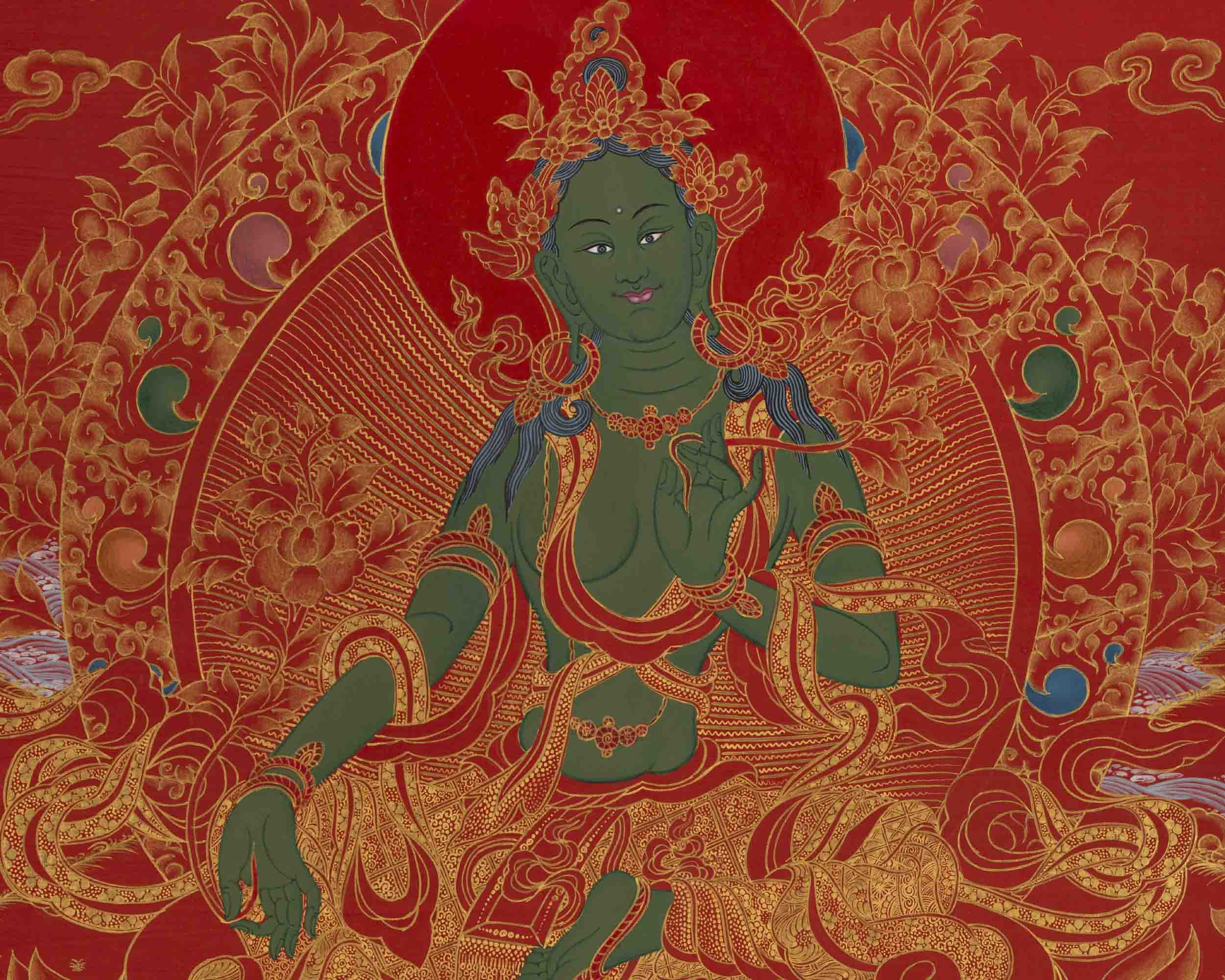 24K Gold Green Tara Thangka | Traditional Tibetan Painting | Wall Decors