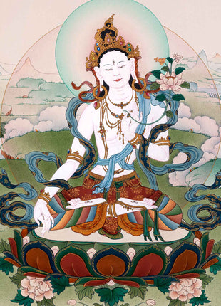 White Tara Goddess Thangka | Traditionally Hand Painted Buddhist Art