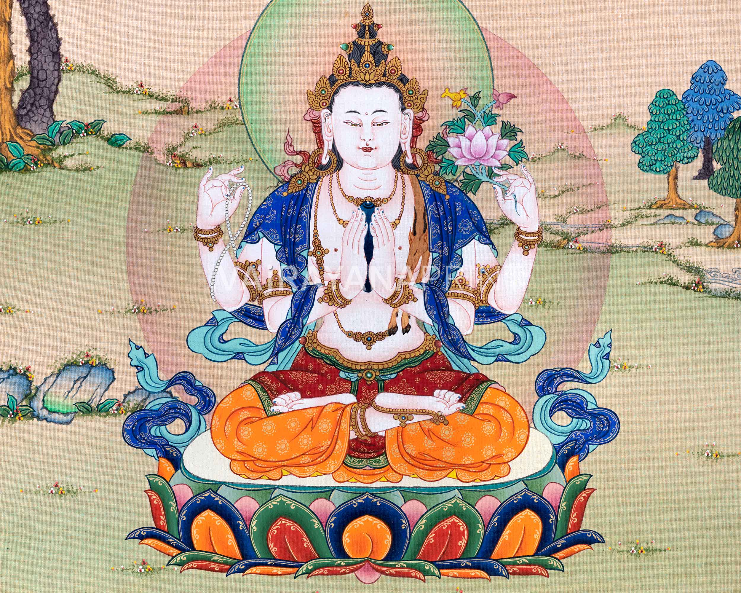 High-Quality Cotton Canvas Print For Chenrezig Meditation | Himalayan Buddha Of Compassion