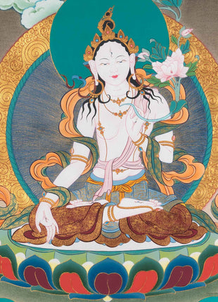 White Tara Meditation Practice Thangka | White Tara With Amitayus and Namgyalma