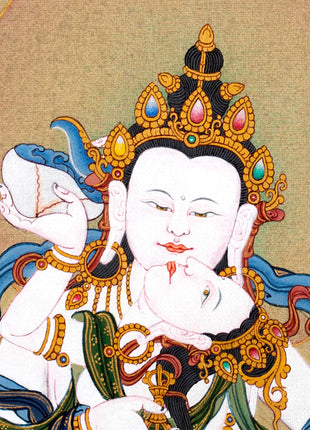 Vajrasattva Yab Yum Thangka | 24K Gold Tibetan Art with Silk Brocade