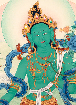 Green Tara | Traditional Tibetan Tara Thangka in Natural stone colors