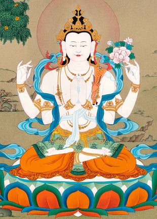 Small Avalokiteshvara Thangka | Traditionally Hand Painted 24K Gold Buddhist Painting