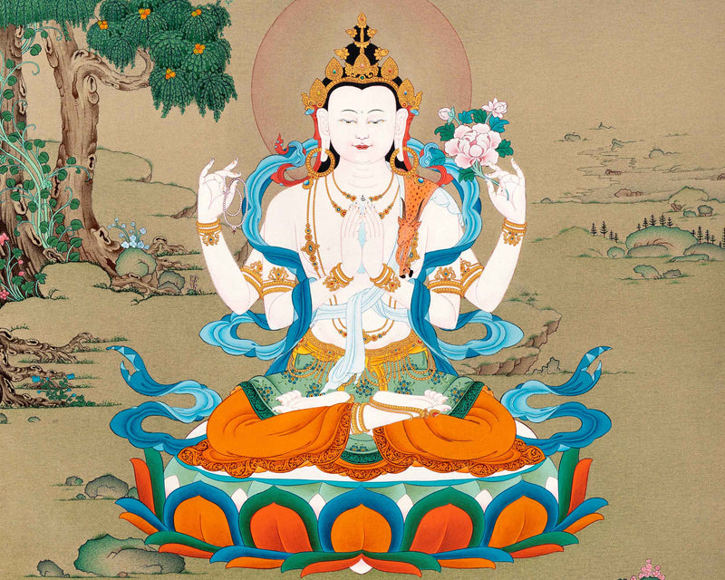 Small Avalokiteshvara Thangka | Traditionally Hand Painted 24K Gold Buddhist Painting