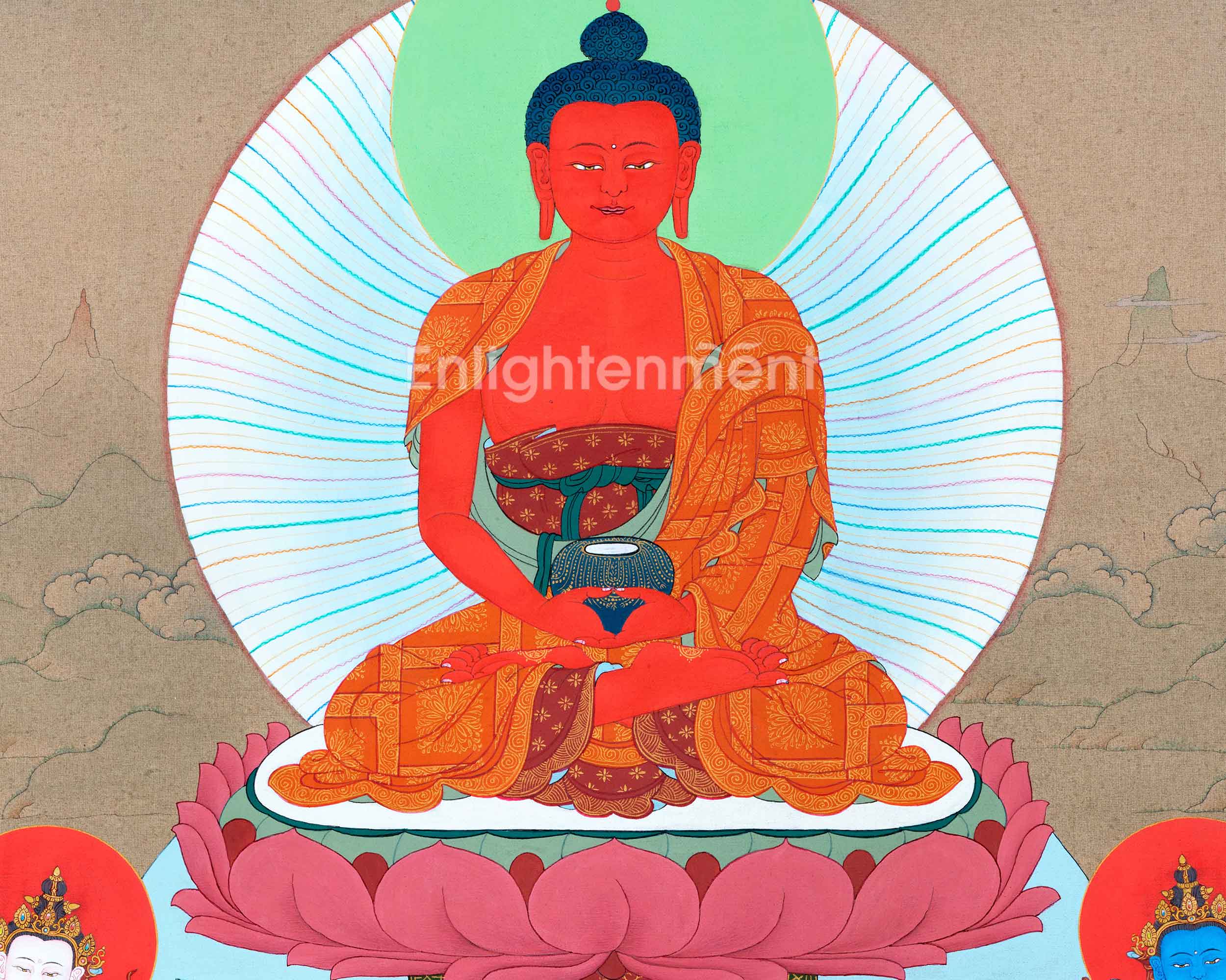 Namo Amitabha Buddha Thangka For Daily Meditation | Traditionally Hand-Painted Art Of Amitabha  With Chenrezig and Vajrapani