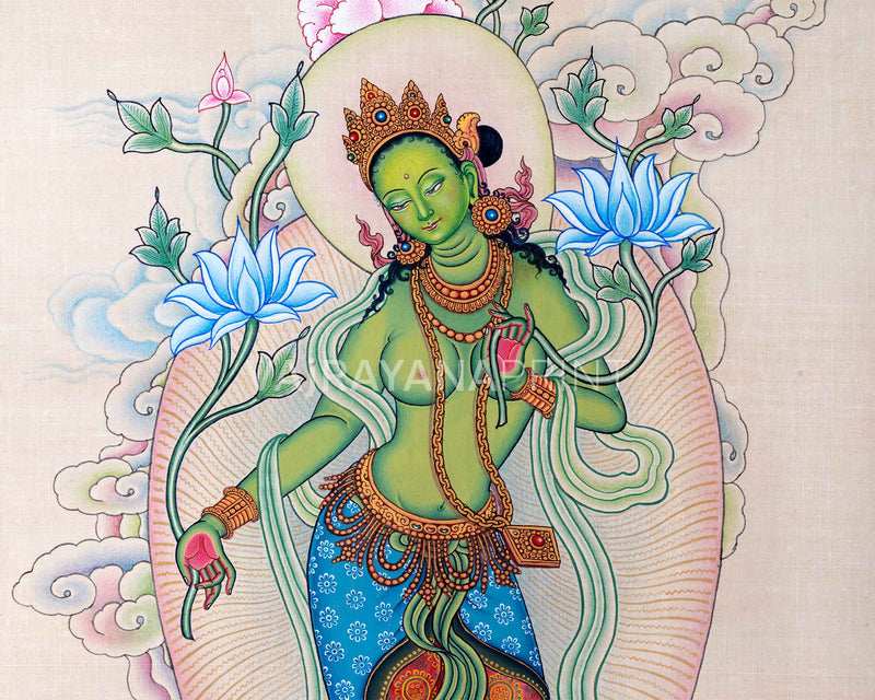Green Tara Mother Nepali Art Print For Meditation | Traditional Buddhist Deity Print For Daily Practice