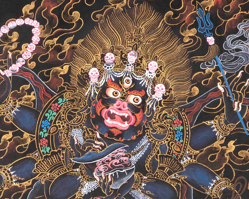 6 Armed Mahakala with Banarasi Silk Brocade  | Hand Painted Thangka Art