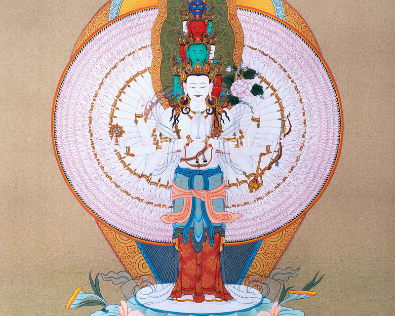1000 Armed Chenrezig Practice Thangka On Cotton Canvas Using Acrylic Colors | Sacred Art for Daily Practice