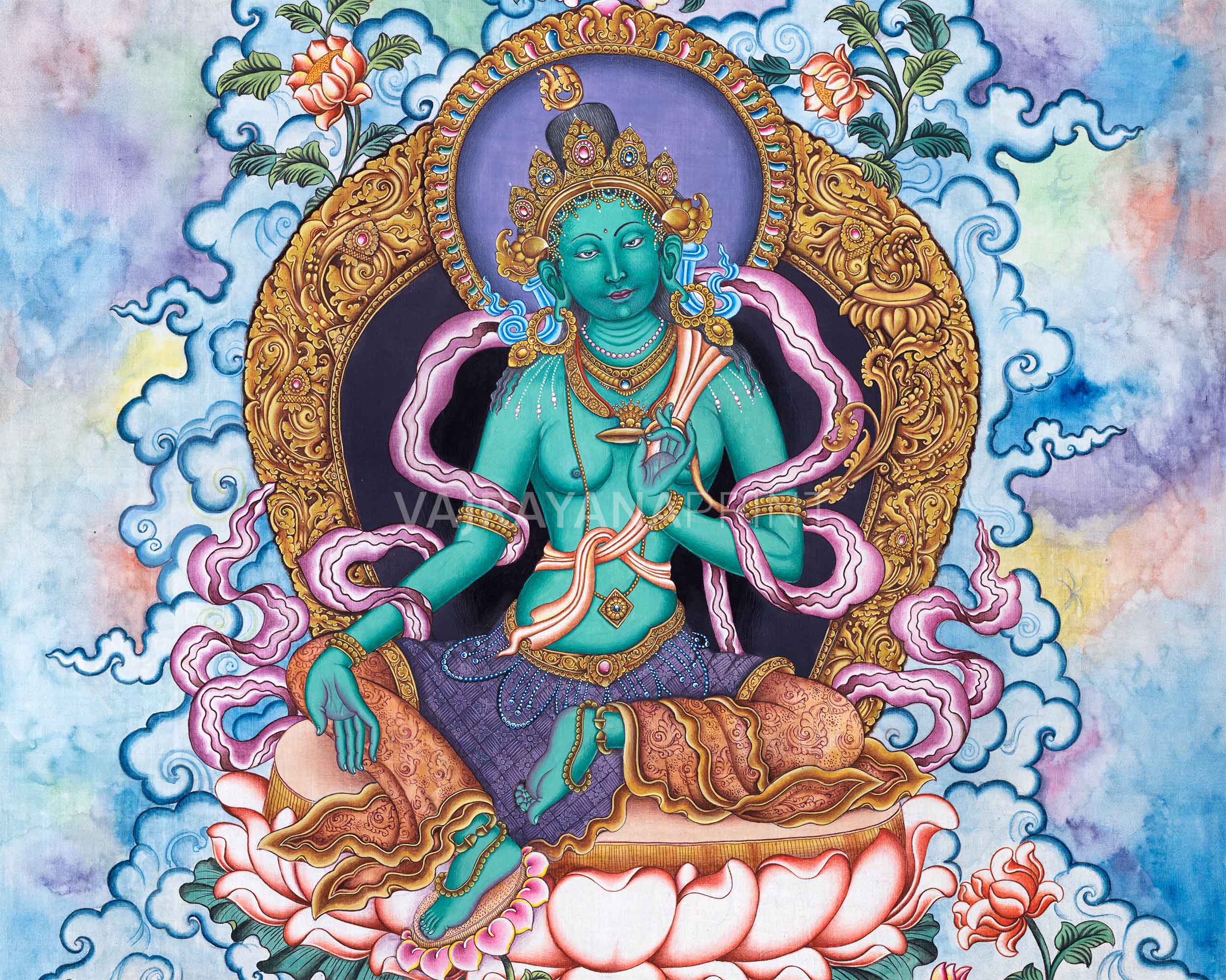 Green Tara Buddha Goddess High-Quality Giclee Print | Traditional Nepali Deity Art For Spiritual Room Decor