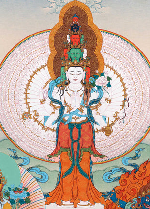 1000 Armed Chenrezig With Manjushri, Vajrapani and Amitabha | Thangka Print