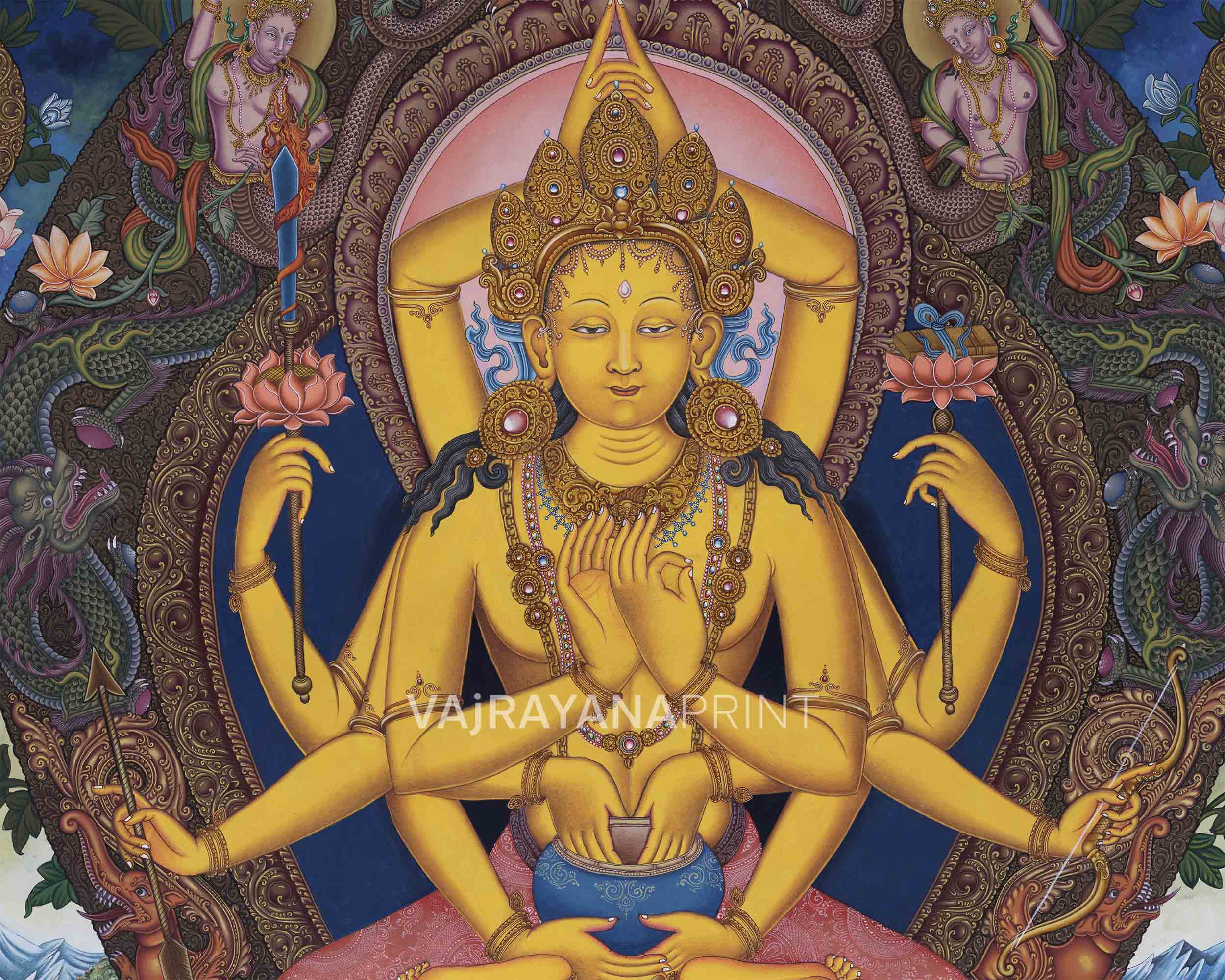 Manjushri Namasangiti With 12 Arms In Newari Print | Himalayan Bodhisattva Of Wisdom Pauba Print