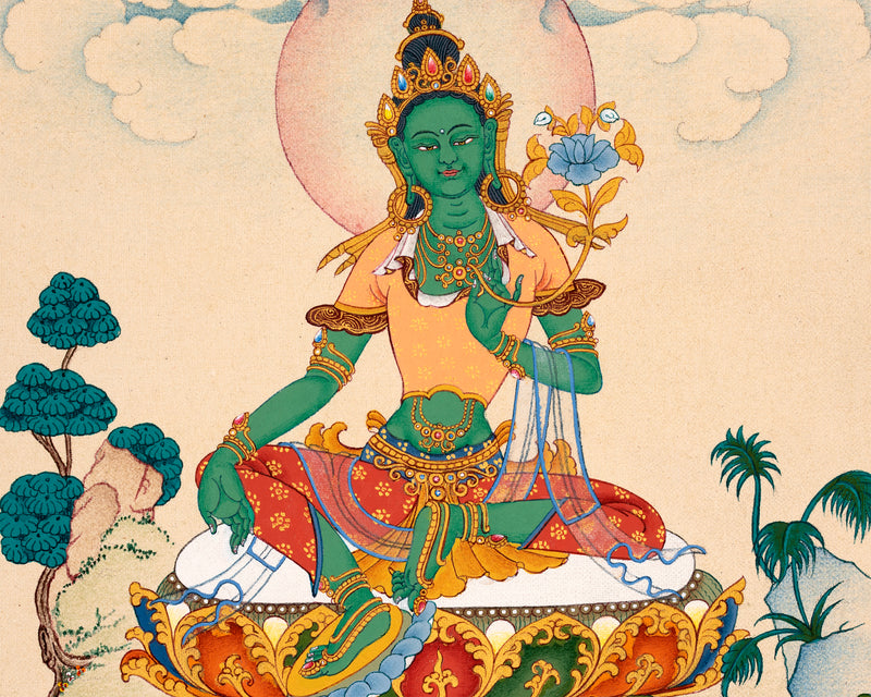 Green Tara Thangka With 24K Gold | Mother Bodhisattva | Traditional Hand-Painted