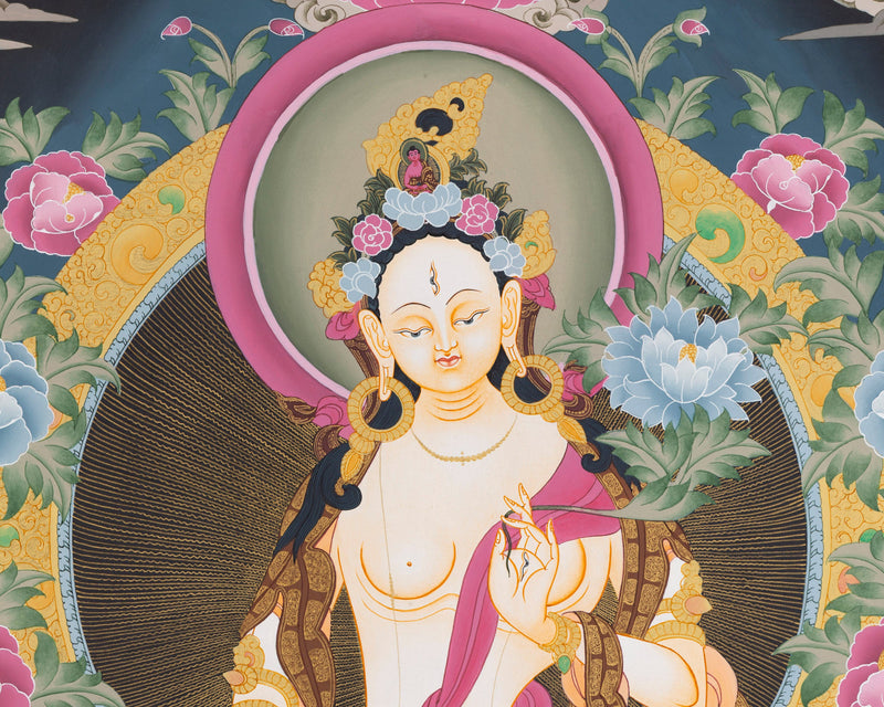 White Tara Thangka Painting | Female Bodhisattva Art | Religious Wall Art