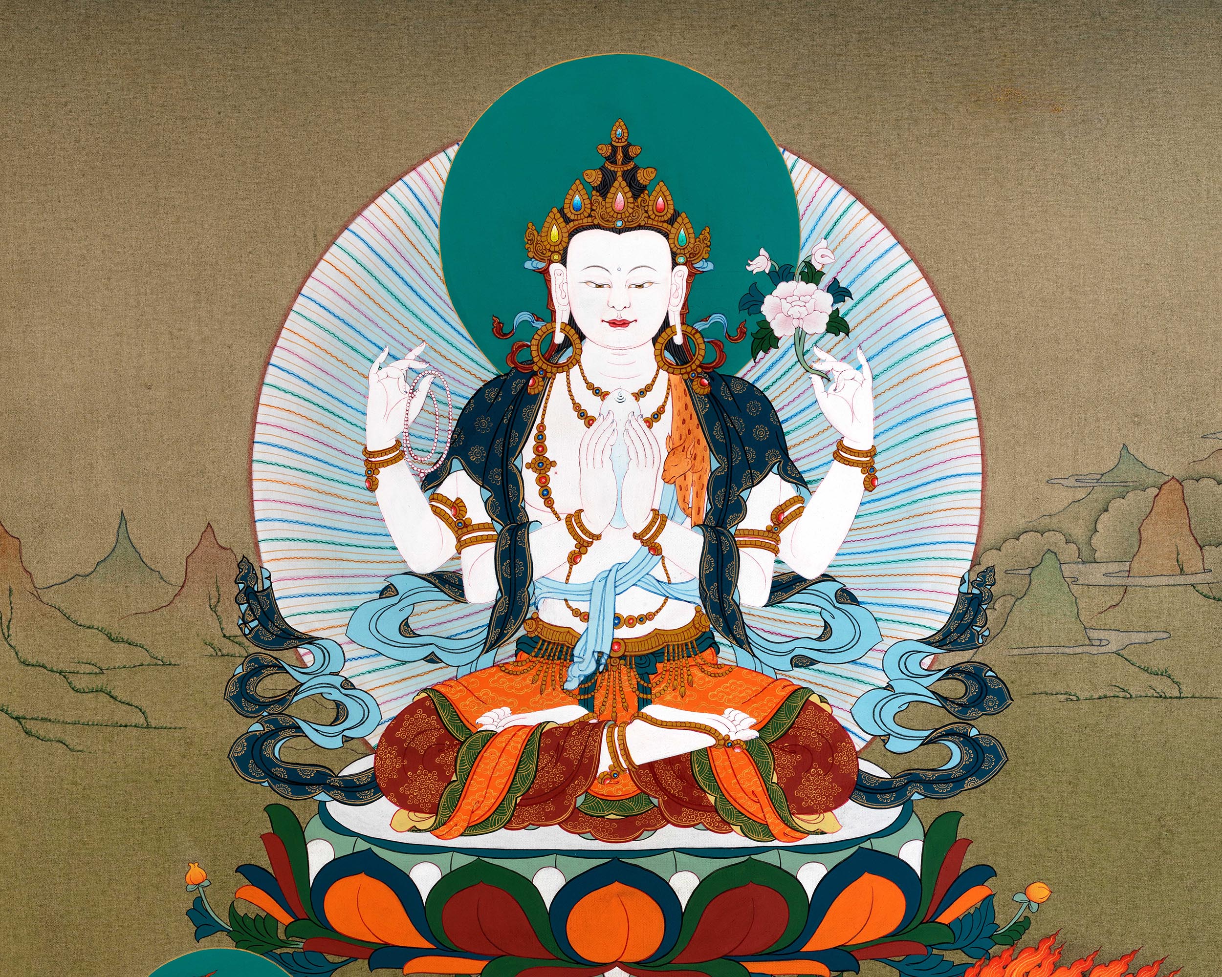 Chenrezig With Manjushri And Vajrapani | Bodhisattva Thangka