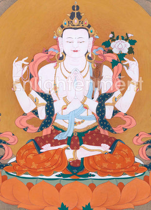 Traditional Tibetan Thangka For Chenrezig Mantra Practice | The Bodhisattva Of Compassion Art On Cotton Cavnas