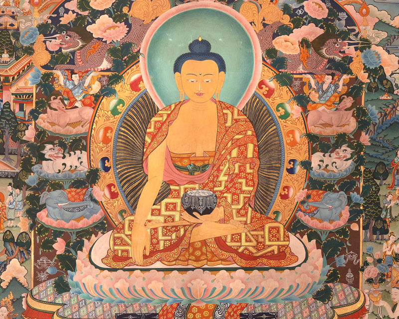 Shakyamuni Buddha Life Story | Vintage Original Hand-Painted Thangka