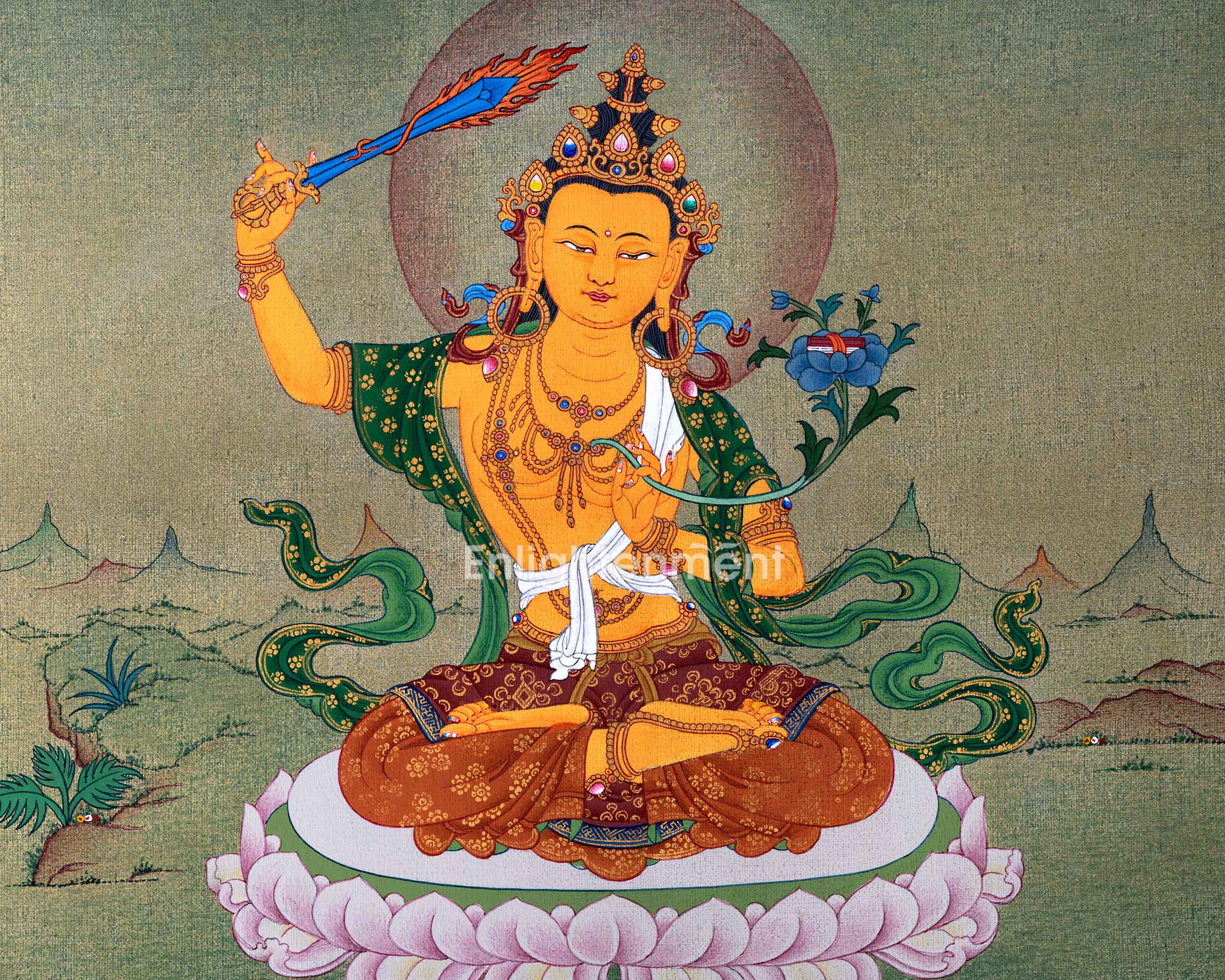 Manjushri, The Tibetan Wisdom Deity Himalayan Thangka | Traditional Himalayan Bodhisattva Art