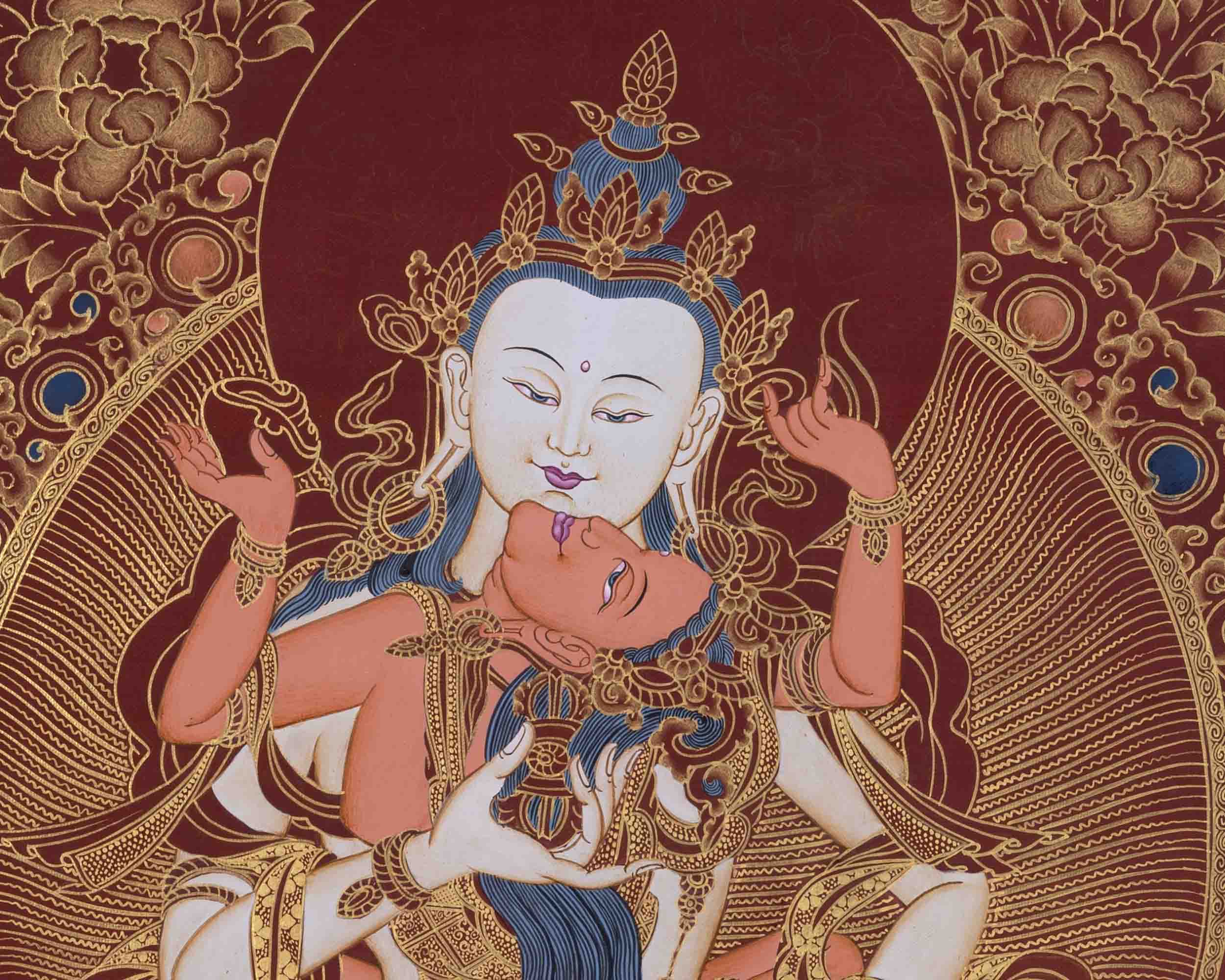 Red And Gold Vajrasattva Yab Yum Thangka | Wall Decor Painting
