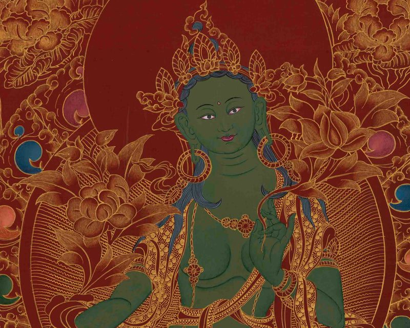 Original Green Tara Thangka | 24K Gold Style Artwork | Wall Decors