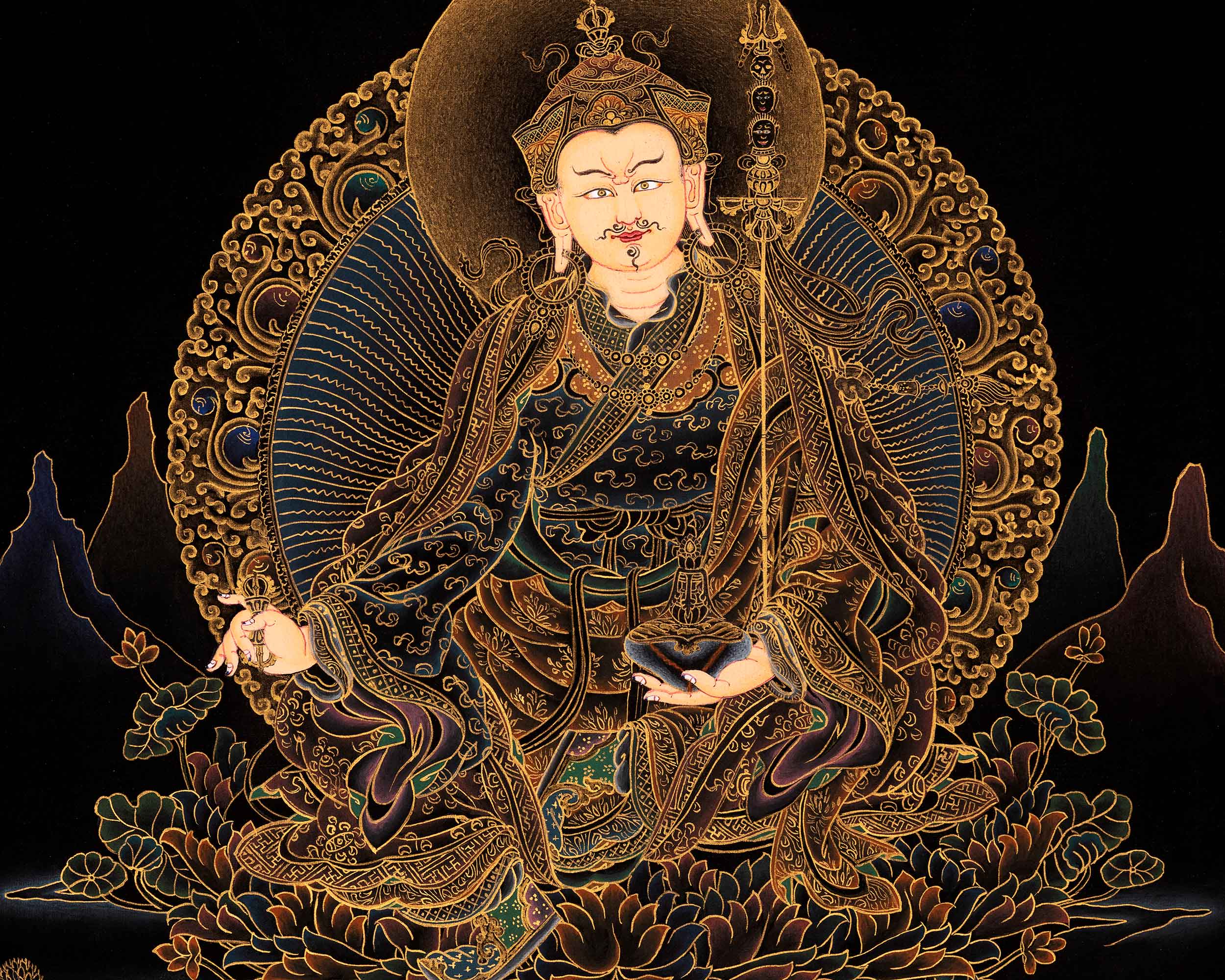 Small Gold on Black Thangka of Guru Rinpoche