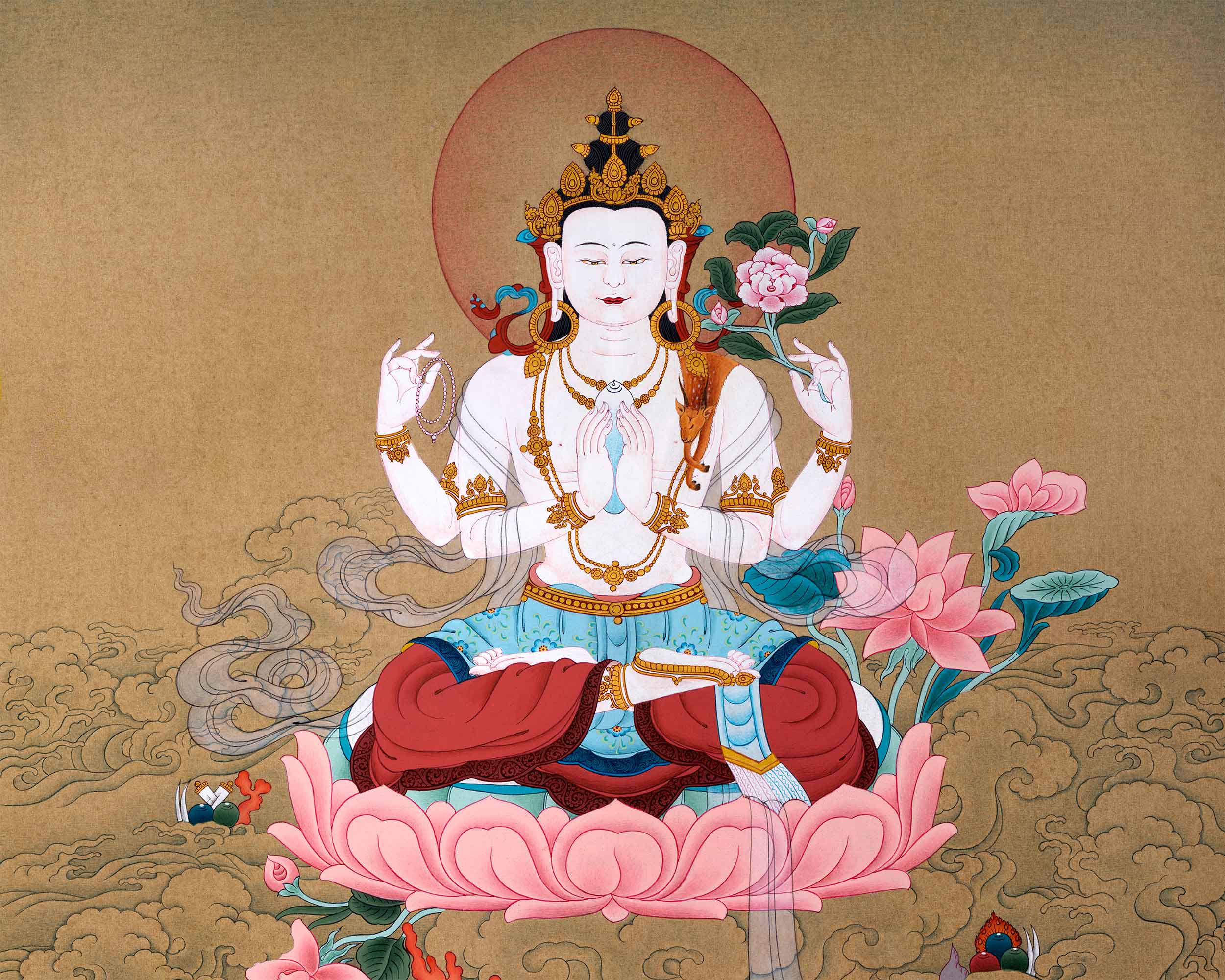 4 Arm Chenrezig Thangka For Buddhism Practice | Traditional Tibetan Himalayan Art