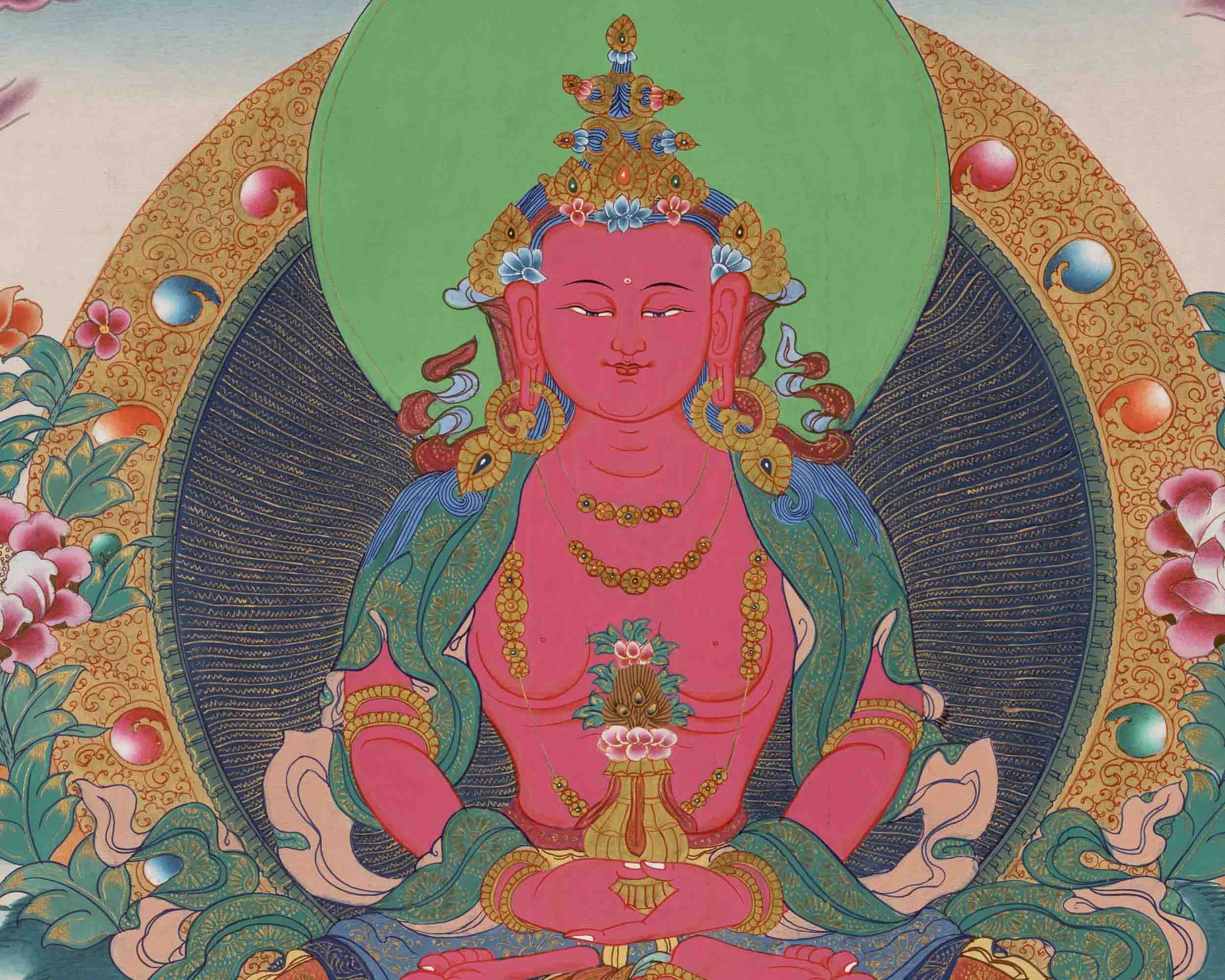 Red Amitayus Buddha Thangka | Religious Hand Painting | Wall Decors