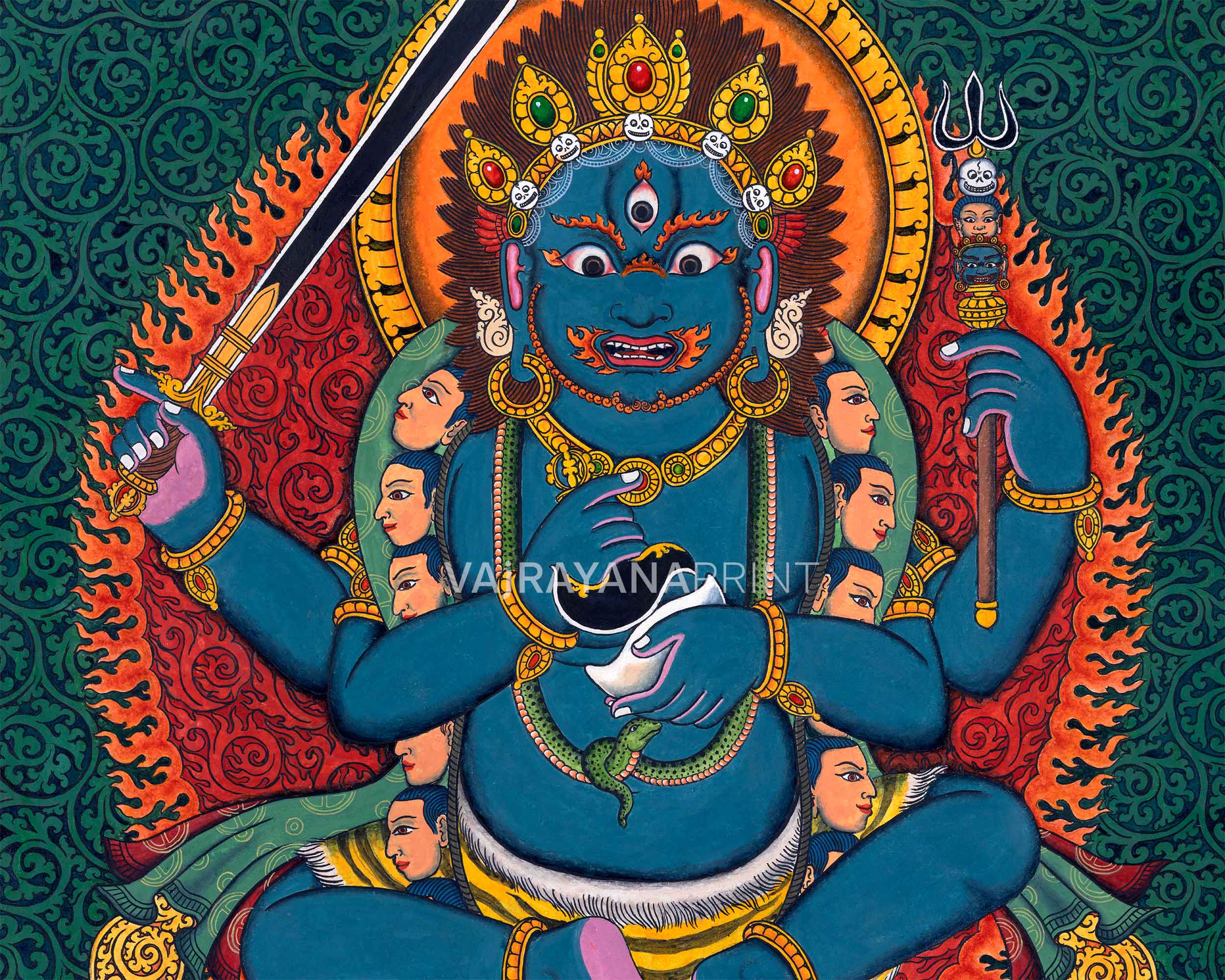 Traditional Newari Pauba Print Of 4 Armed Mahakala | High-Quality Giclee Print For Meditation