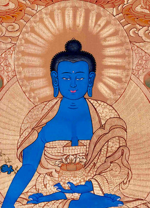24K Gold Style Medicine Buddha Thangka | Meditation Altar