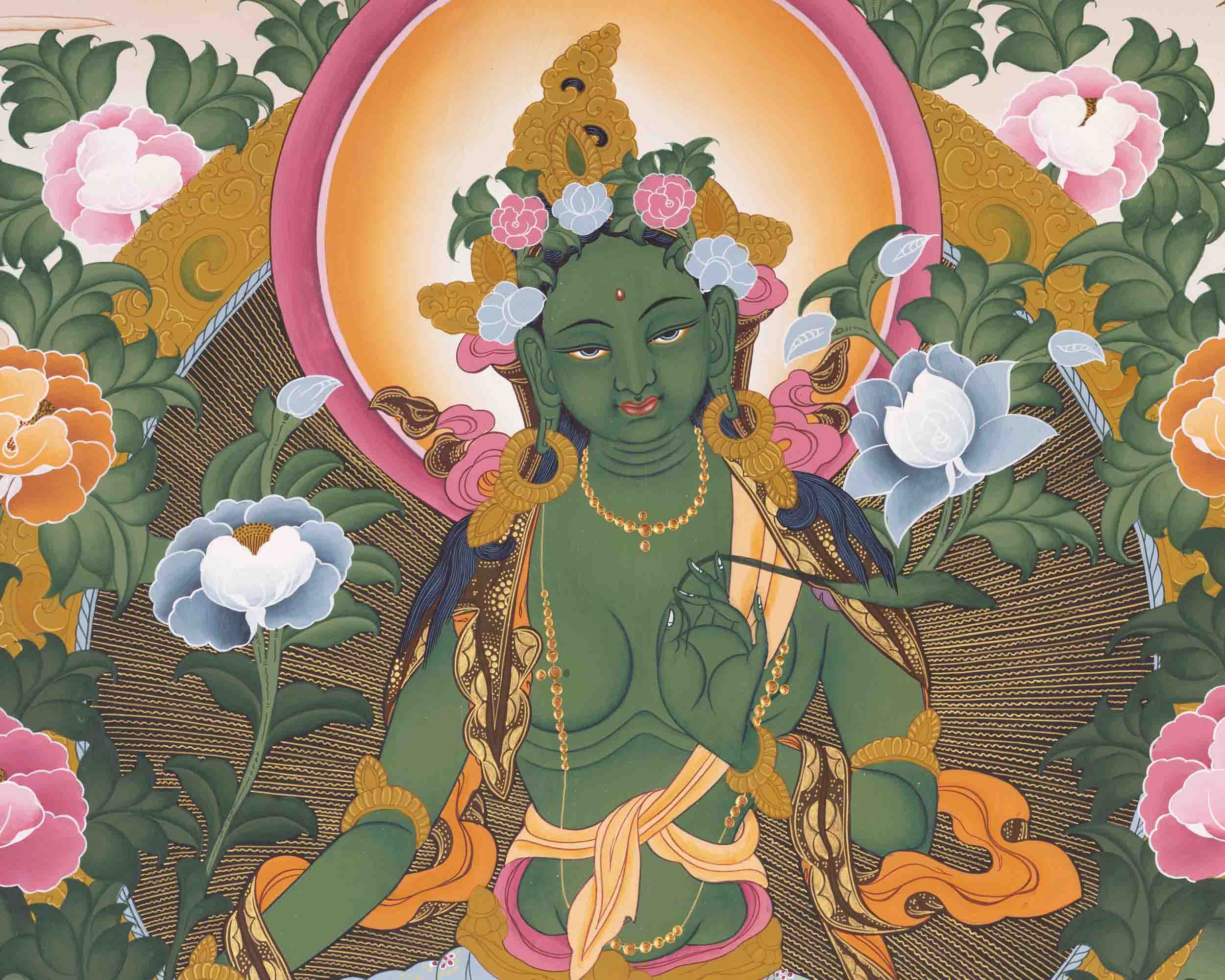 Green Tara Thangka | Religious Buddhist Painting | Wall Hanging Decors