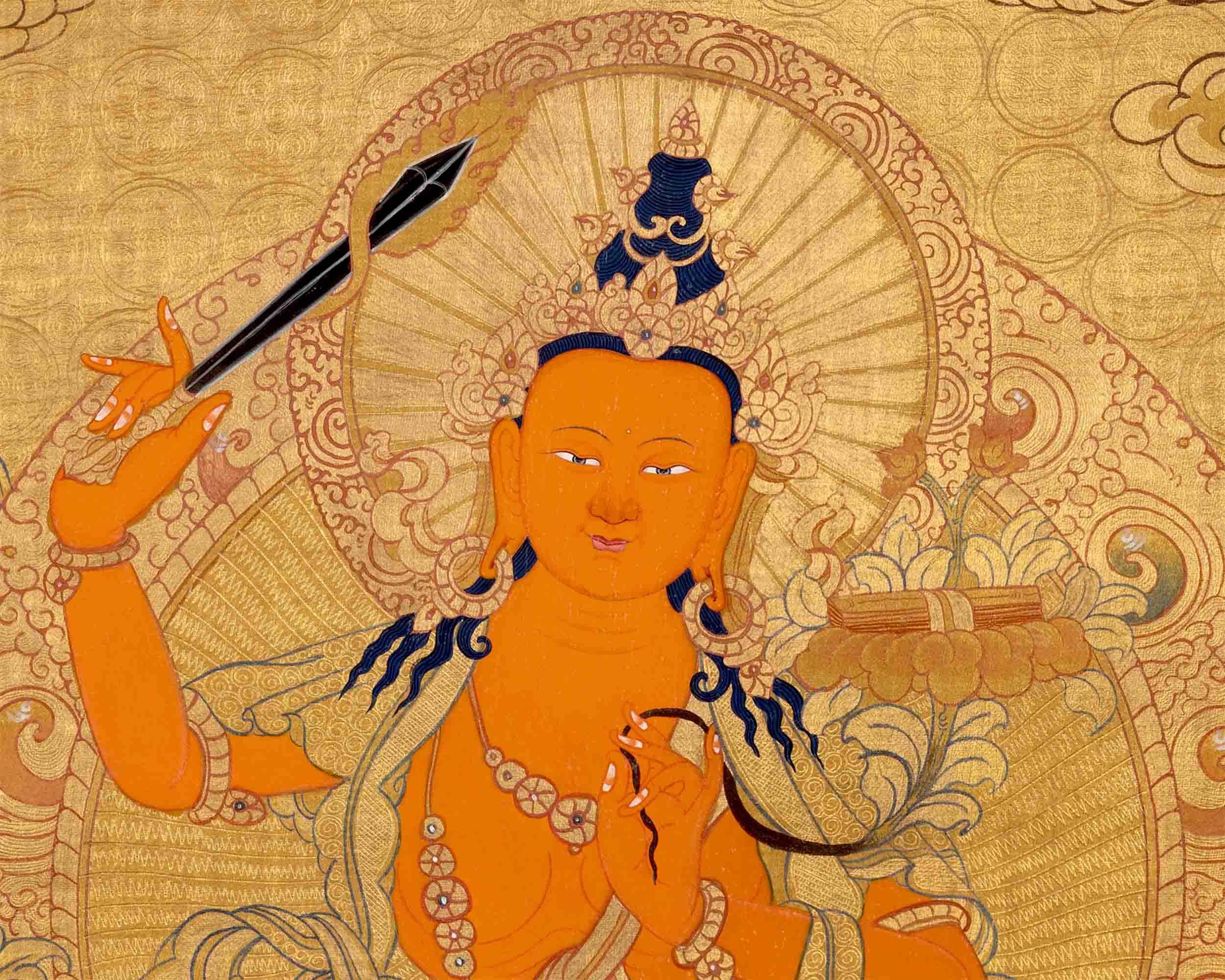 Gold Manjushree Thangka | Hand Painted Bodhisattva Art