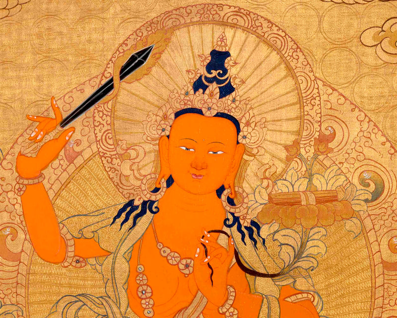 Gold Manjushree Thangka | Hand Painted Bodhisattva Art