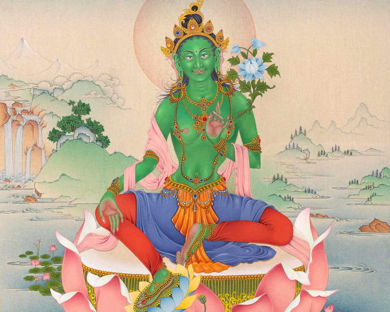 Green Tara Mantra Practice Giclee Print | Himalayan Tibetan Thangka Print Of Mother Tara