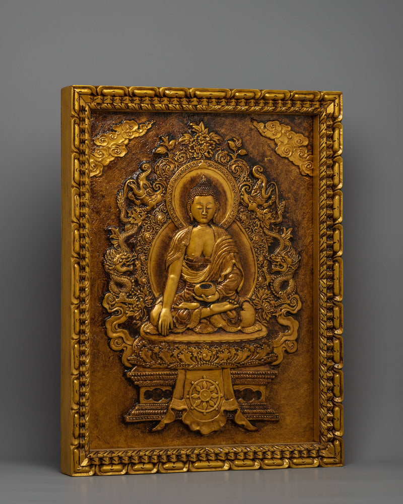 Hand-Carved Shakyamuni Buddha Thangka Art | Gold Wooden Thangka For Meditation Practice