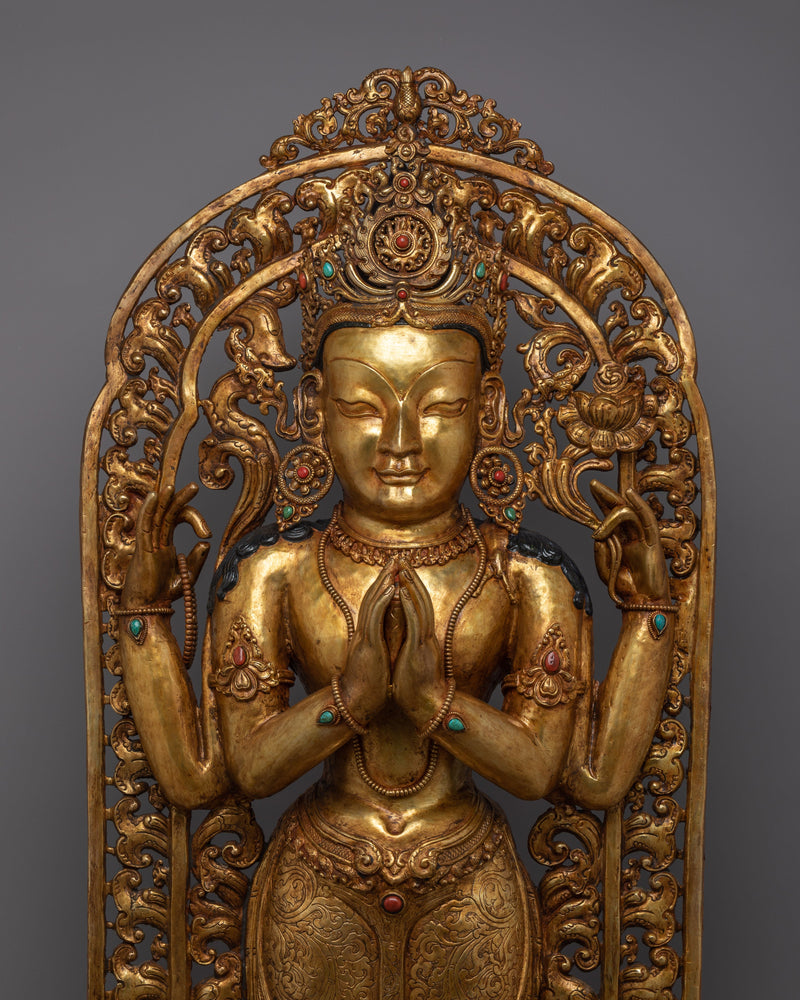 Standing 4 Arm Chenrezig Statue | Gold Plated Traditional Buddhist Statue