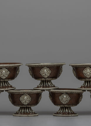 Seven Offering Bowls for Offerings | Silver plated Himalayan Bowls