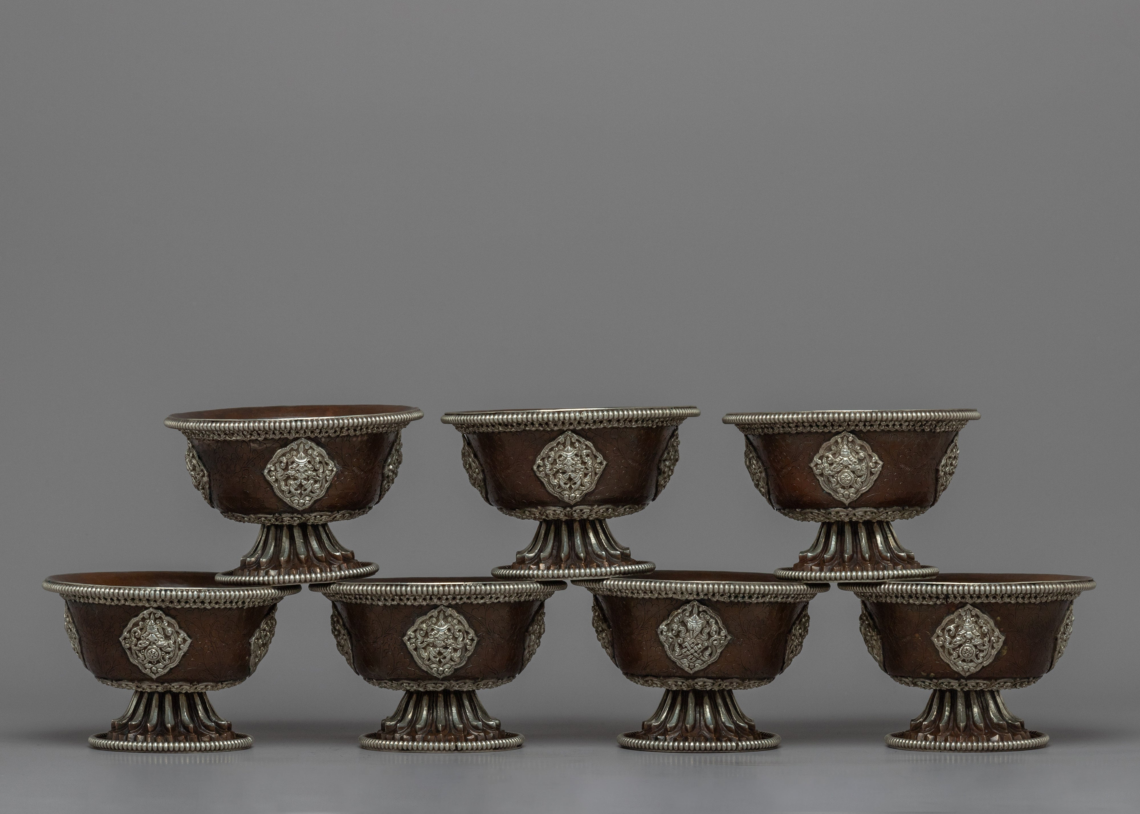 Seven Offering Bowls for Offerings | Silver plated Himalayan Bowls