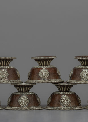 Seven Offering Bowls for Offerings | Silver plated Himalayan Bowls
