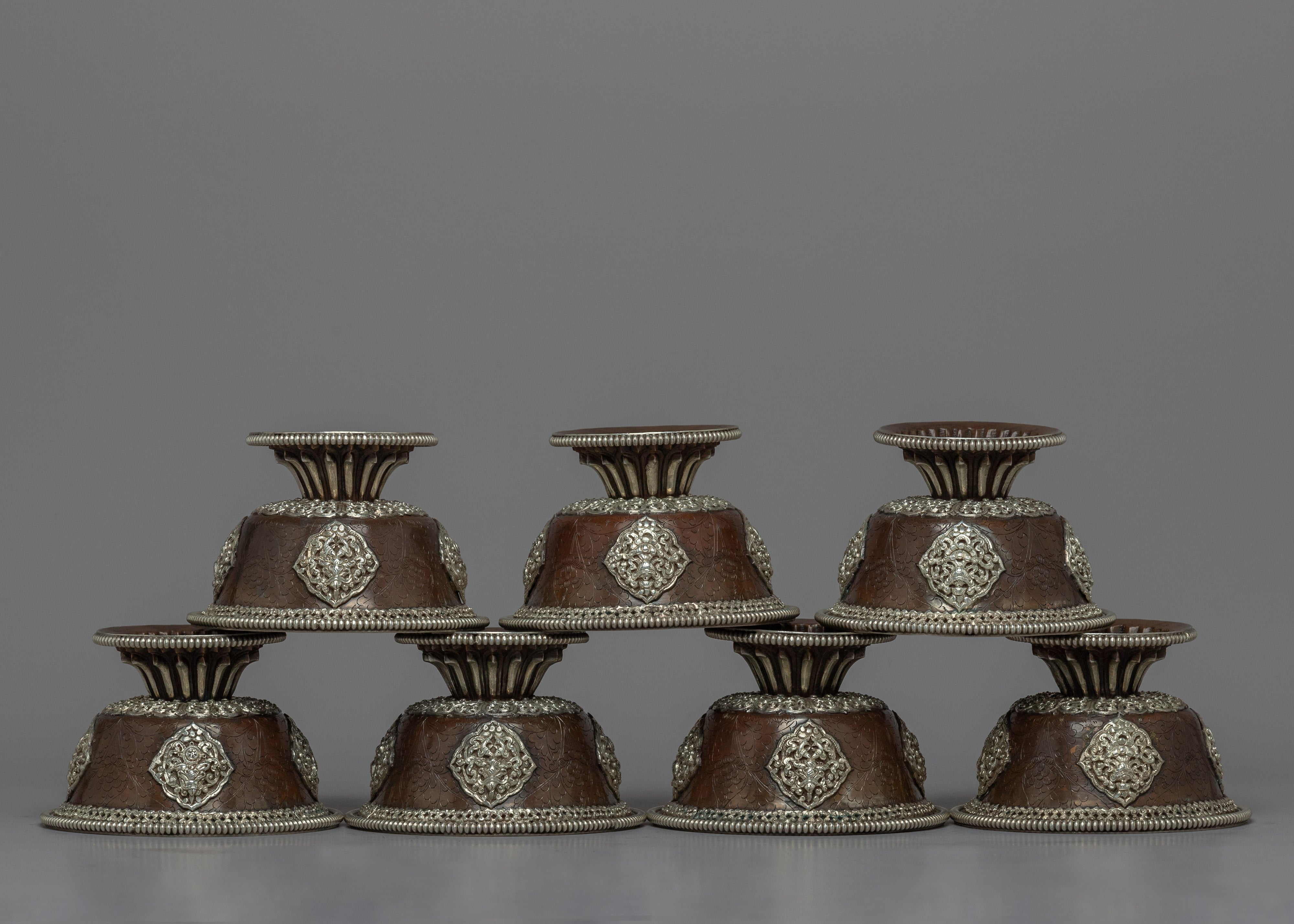 Seven Offering Bowls for Offerings | Silver plated Himalayan Bowls