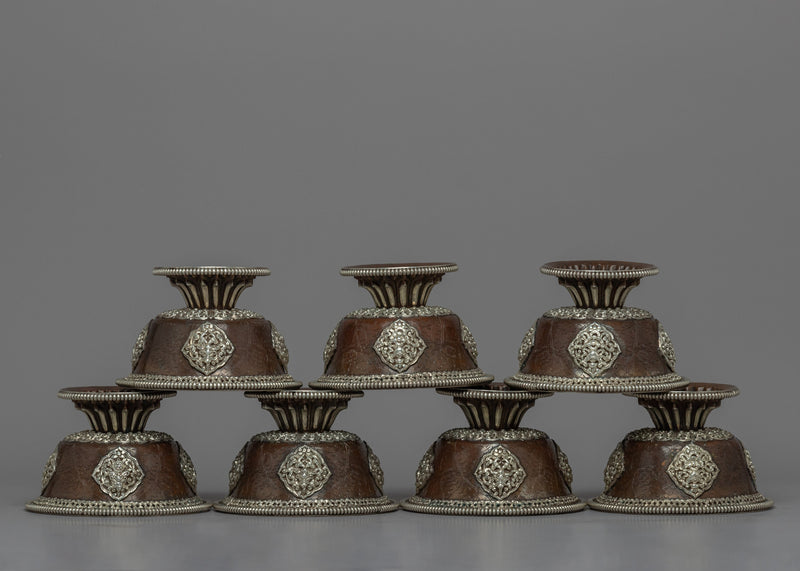 Seven Offering Bowls for Offerings | Silver plated Himalayan Bowls