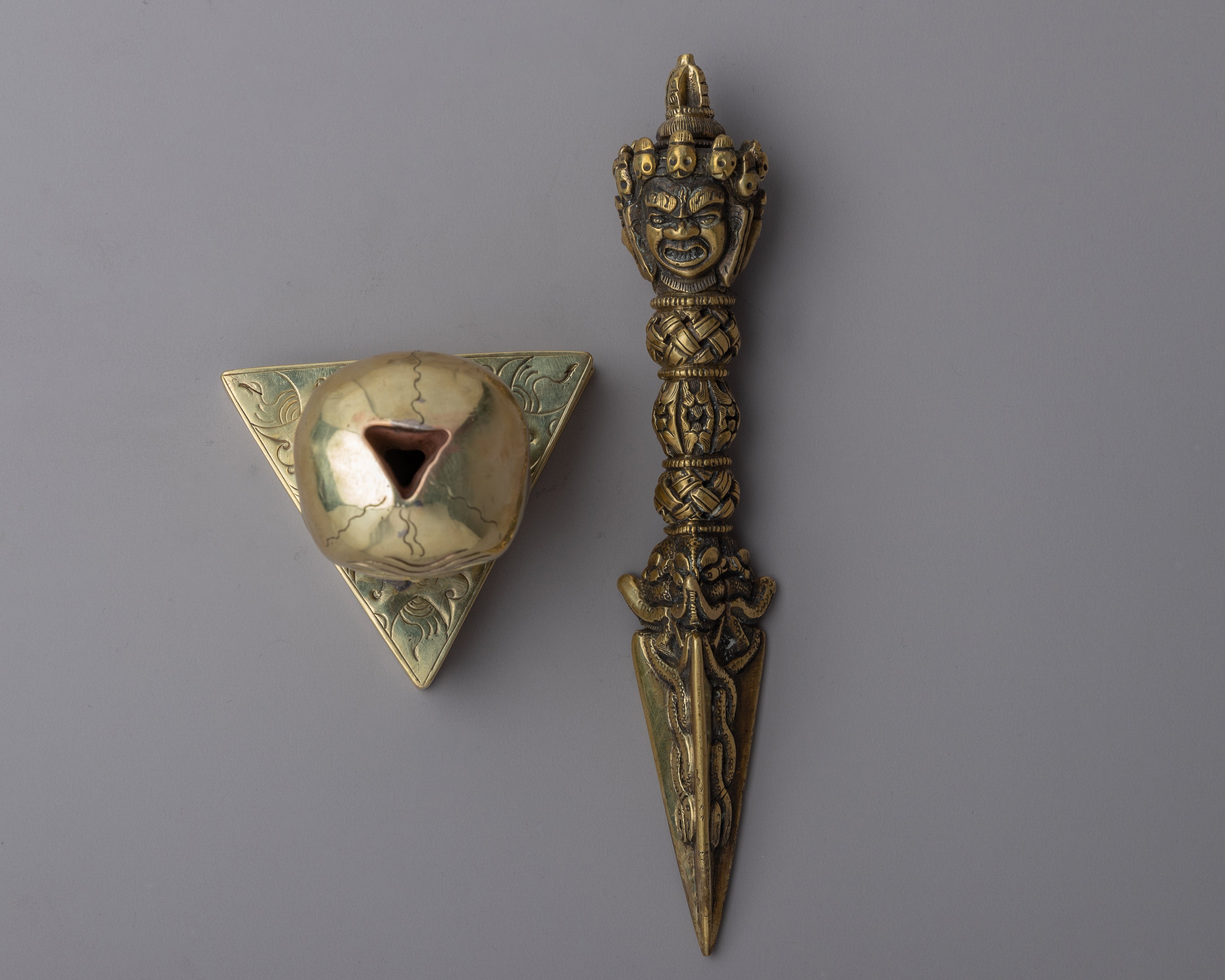 Tibetan Dagger Phurba | Stunning Brass Body Phurba with Skull Stand