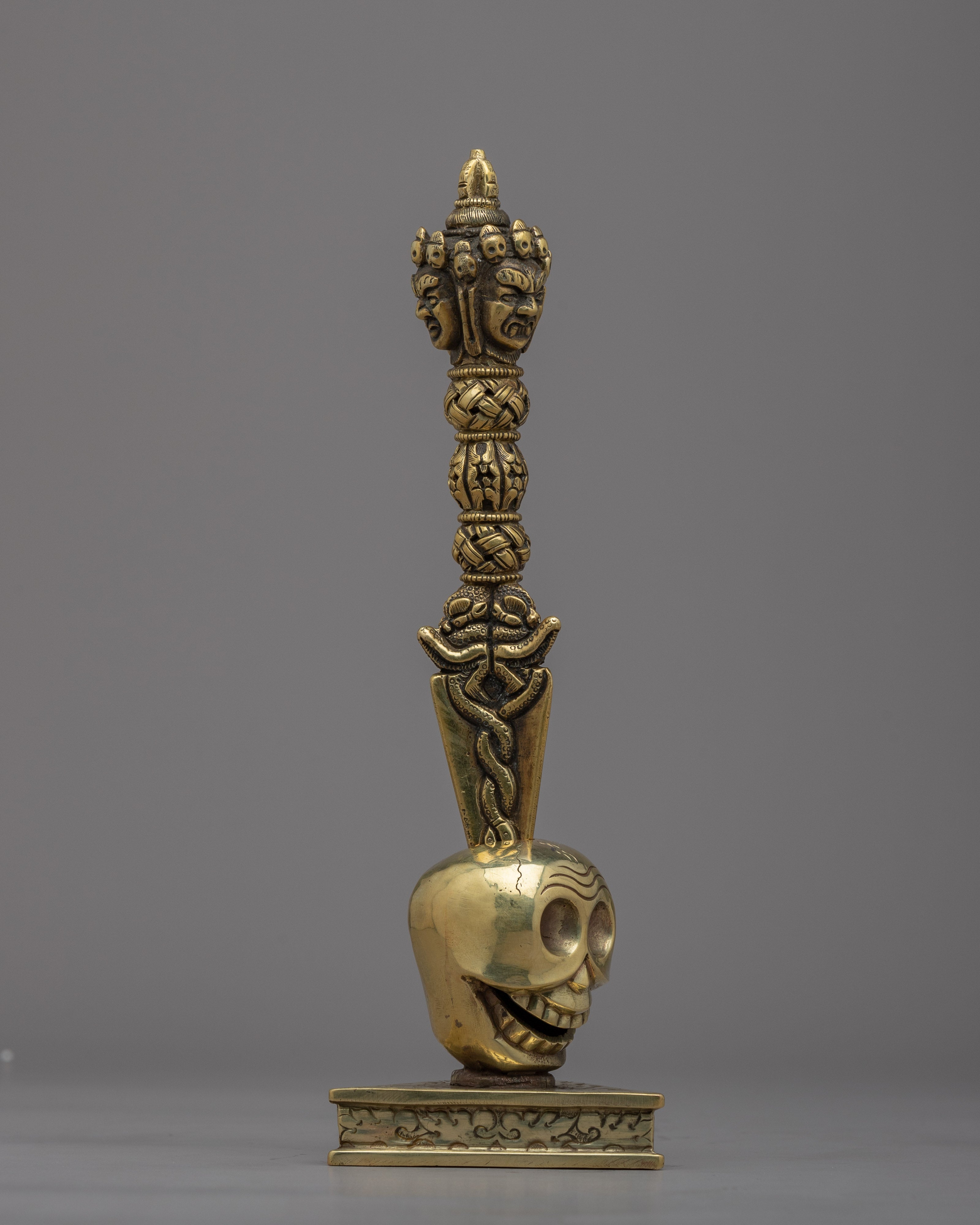 Tibetan Dagger Phurba | Stunning Brass Body Phurba with Skull Stand