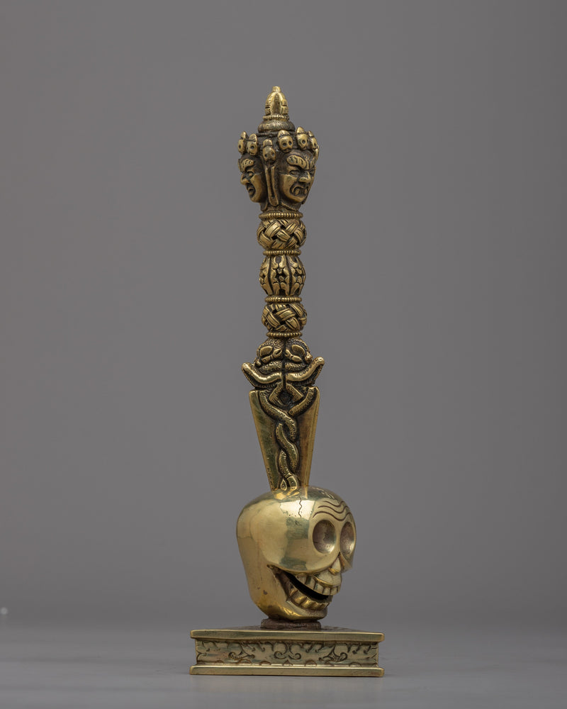 Tibetan Dagger Phurba | Stunning Brass Body Phurba with Skull Stand