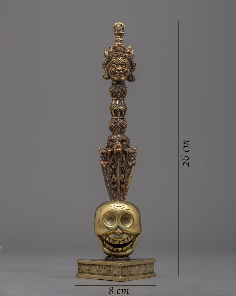 Brass Buddhist Knife with Skull Stand | Phurba for Rituals and Ceremonies"