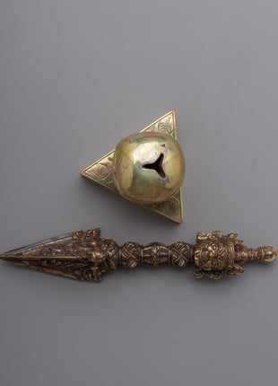 Brass Buddhist Knife with Skull Stand | Phurba for Rituals and Ceremonies"