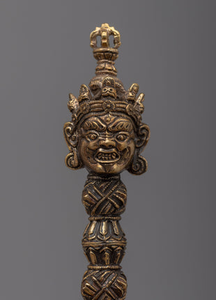 Brass Buddhist Knife with Skull Stand | Phurba for Rituals and Ceremonies"