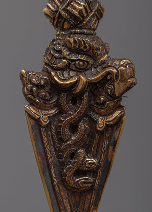 Brass Buddhist Knife with Skull Stand | Phurba for Rituals and Ceremonies"