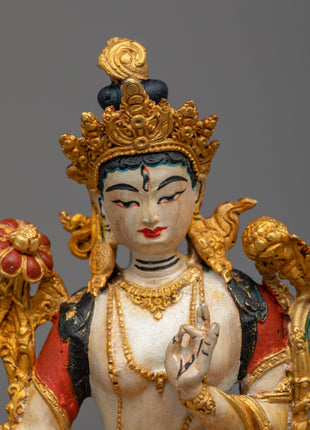 Divine White Tara Statue | Machine Made Copper Statue with 24k Gold Plating and Acrylic Painting"
