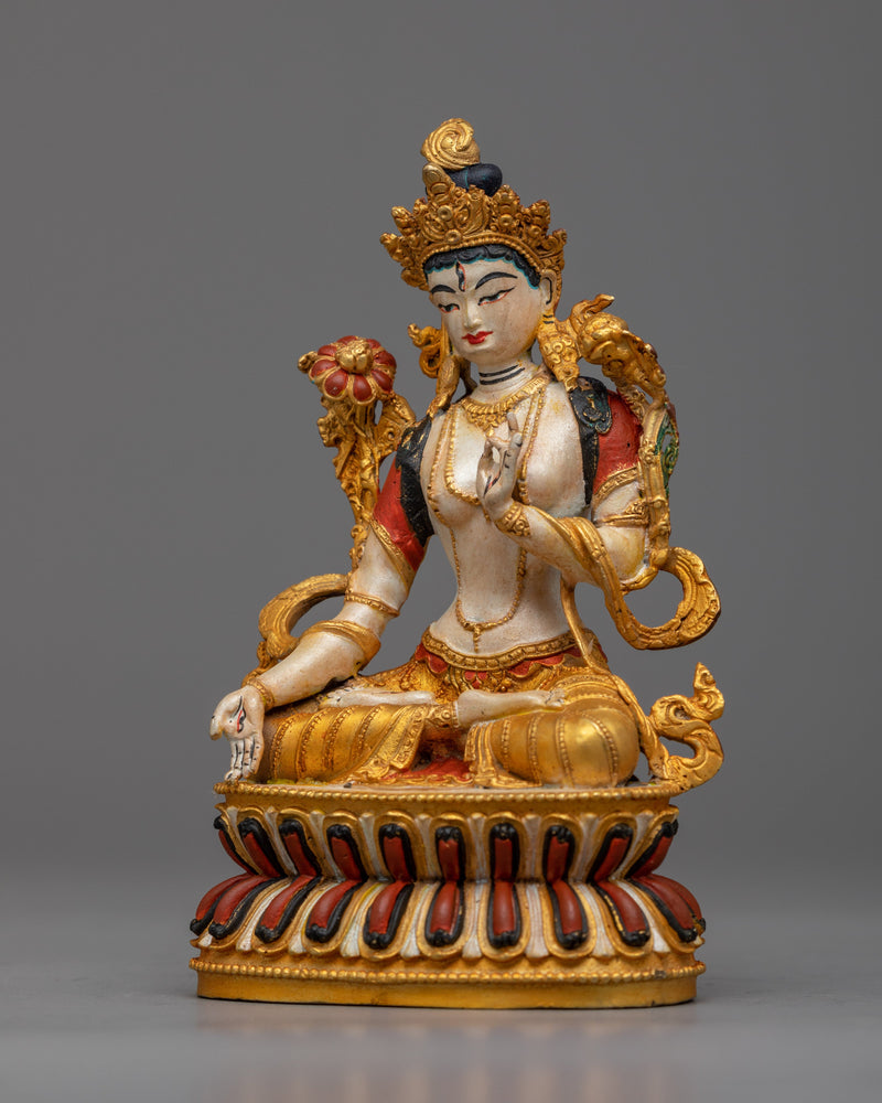 Divine White Tara Statue | Machine Made Copper Statue with 24k Gold Plating and Acrylic Painting"