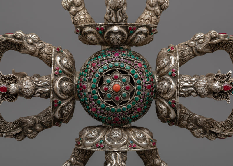 Vishwa Vajra | Double Vajra with Stand | Silver Body with Embedded Stones