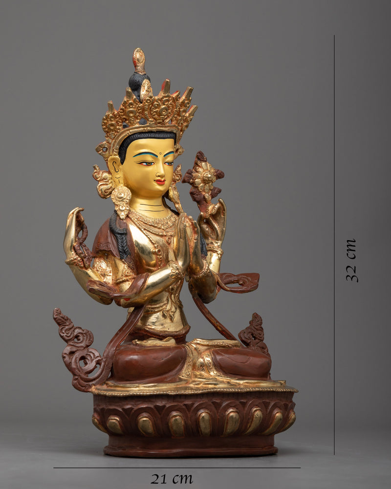 4 armed Chenrezig Statue | Elevate Your Shrine with our Gold Gilded Statue